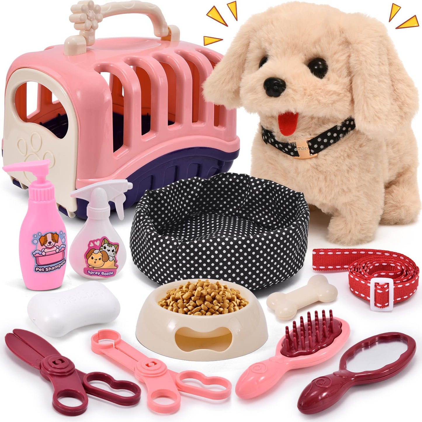 G.C 13Pcs Dog Toys for Kids Interactive Stuffed Dog Plush w/Carrier & Accessories