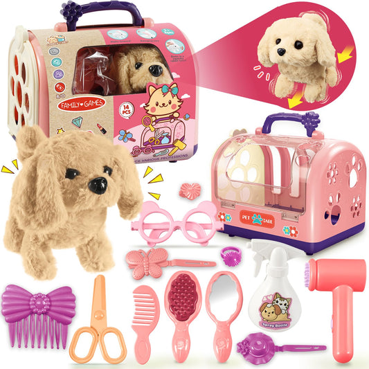 TEUVO 14Pcs Dog Toy Interactive Stuffed Dog Plush w/Carrier Accessories