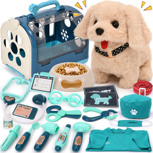 G.C 22Pcs Dog Toys for Kids Doctor Kit Walking Barking Electronic Interactive Stuffed Dog Vet Kit Costume Pretend Play Puppy Pet Care Veterinarian Playset Gifts for Kids Girls 3 4 5 6+ Year Old