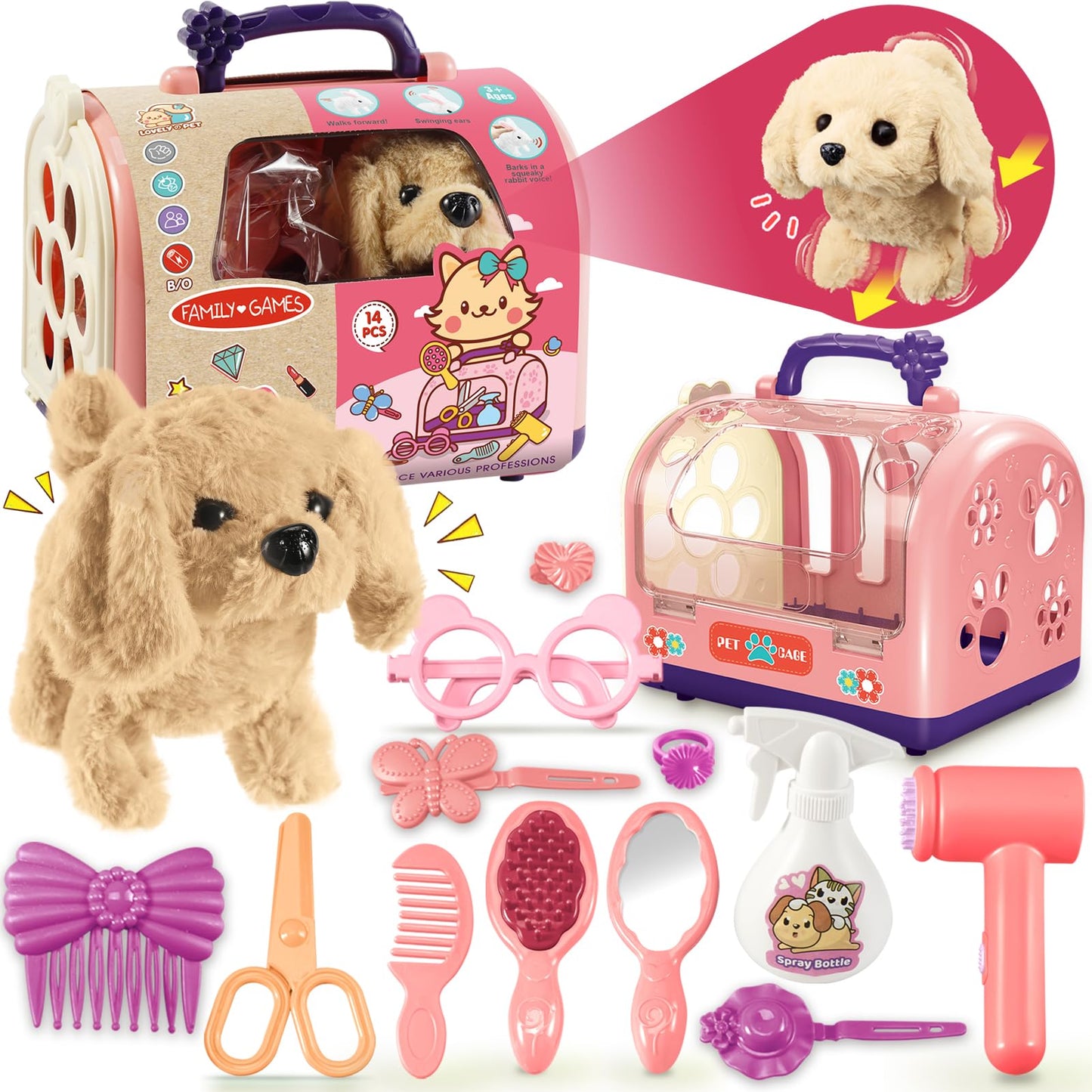 TEUVO 14Pcs Dog Toy Interactive Stuffed Dog Plush w/Carrier Accessories